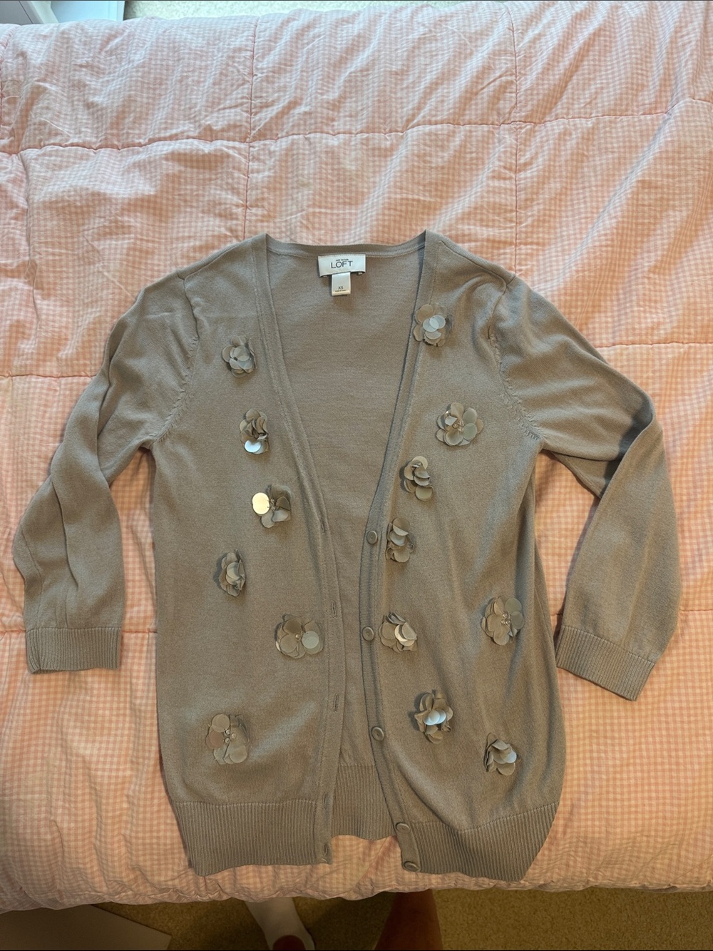 LOFT gray/Taupe Floral Sequin Cardigan